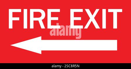 Cartello uscita antincendio. Bianco su sfondo rosso. Segnali e simboli di sicurezza. Illustrazione Vettoriale