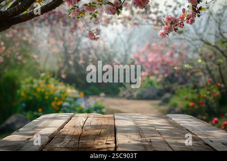 Un podio da tavolo in legno con vista su un albero con fiori rosa. Tavolo in legno rustico vuoto per l'esposizione dei prodotti con giardino primaverile Foto Stock