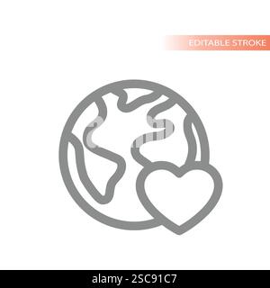 Amore della terra o icona vettoriale amichevole. Ambiente, ecoglobo con contorno cardiaco. Illustrazione Vettoriale