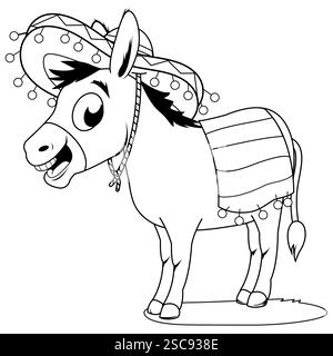 Asino messicano cartoni animati. Divertente cartone animato mariachi asino con cappello sombrero. Pagina da colorare in bianco e nero. Foto Stock