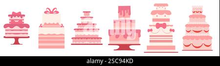 Set vettoriale di torte natalizie con varie decorazioni in tenui colori rosa. Collezione d'arte di clip per torta di San Valentino. Dolcetto per adesivi e carte Illustrazione Vettoriale