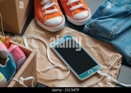 Un telefono si ricarica su un tavolo con un paio di scarpe arancioni e un paio di jeans blu. Foto Stock