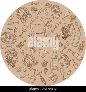 Elementi rotondi per il vino disegnati a mano, set di icone per illustrazioni vettoriali e doodle Illustrazione Vettoriale
