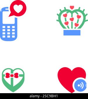 Imposta icone o simboli di San Valentino, cartelli per le feste progettati per festeggiare, stile moderno vettoriale. Illustrazione Vettoriale