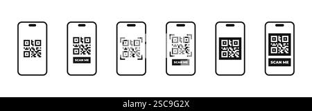 Set di icone di scansione codice qr. Scansione del modello utente nella raccolta smartphone. Illustrazione vettoriale. Illustrazione Vettoriale