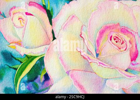 Pittura ad acquerello colore rosa giallo di rose fiori e foglie verdi, in primavera con dipinti moderni o a mano, decorazione illustrativa, saluto c Foto Stock