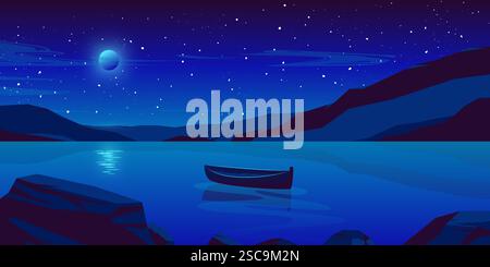 Paesaggio marino. Vista panoramica delle alte montagne rocciose e del mare, sfondo naturale con barca solitaria sull'acqua al crepuscolo del tramonto. Vettore Illustrazione Vettoriale