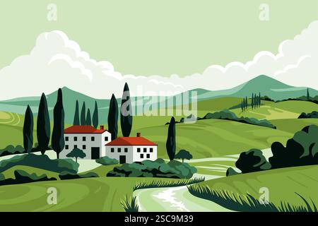 Paesaggio dei campi estivi italiani. Panorama cartografico della campagna con colline toscane e case di campagna, valle rurale con alberi e montagne. Vettore Illustrazione Vettoriale
