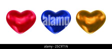 Set di cuore 3d realistico. Colore rosso, blu e oro. Illustrazione vettoriale per biglietti d'auguri romantici, invito, design, banner, volantino, poster Illustrazione Vettoriale