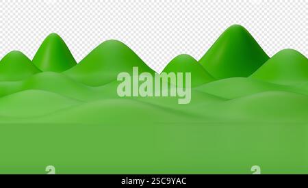 Campo verde 3D con montagne e colline. Sfondo vettoriale con paesaggio naturale primaverile Illustrazione Vettoriale