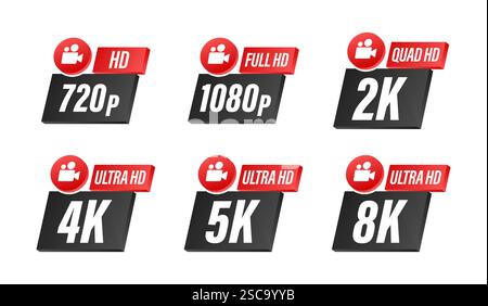Icone di risoluzione video che mostrano diversi livelli di alta definizione da 720p a 8k Illustrazione Vettoriale