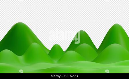 Campo verde 3D con colline e montagne. Sfondo paesaggistico estivo minimo. Illustrazione vettoriale in stile realistico 3D. Illustrazione Vettoriale