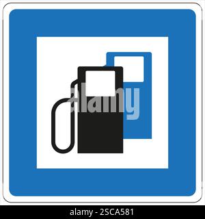 Cartello stradale quadrato che indica una stazione di rifornimento, con un'icona della pompa di benzina stilizzata su sfondo bianco con bordo blu Illustrazione Vettoriale