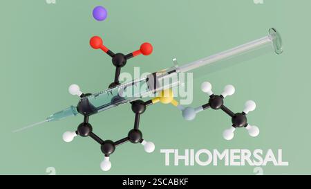 Un rendering 3D raffigura la parola "TIOMERSALE" insieme alle molecole di tiomersale e al farmaco liquido all'interno della siringa medica Foto Stock