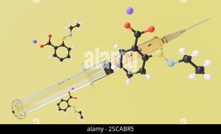 Un rendering 3D raffigura la parola "TIOMERSALE" insieme alle molecole di tiomersale e al farmaco liquido all'interno della siringa medica Foto Stock