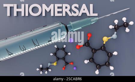 Un rendering 3D raffigura la parola "TIOMERSALE" insieme alle molecole di tiomersale e al farmaco liquido all'interno della siringa medica Foto Stock