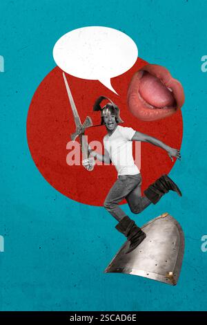 Immagine composita grafica collage 3D di giovane uomo Hold spada corsa scudo eroe armatura d'epoca cavaliere soldato costume bocca labbra discorso nuvola Foto Stock