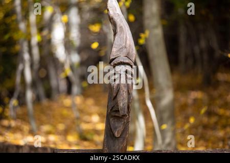 una testa scolpita in legno da un artista sconosciuto sullo sfondo di una foresta dai colori autunnali Foto Stock