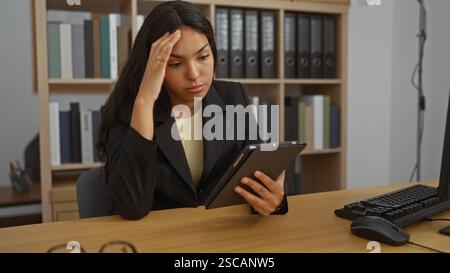 Donna che lavora su un tablet in ufficio e che sembra stressata, bruna che indossa un blazer nero, seduta alla scrivania con il computer, scaffali pieni di libri e cartelle Foto Stock