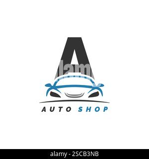 Lettera A logo meccanico auto con design auto. Alfabeto Un'icona di stile automobilistico Illustrazione Vettoriale