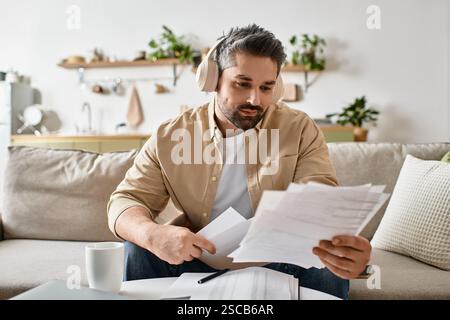 Un bell'uomo si rilassa sul divano, organizzando i documenti mentre si ascolta la musica. Foto Stock