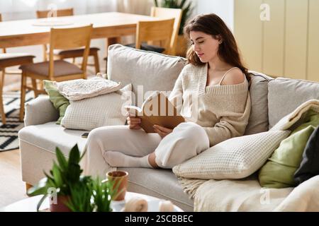 Una donna siede tranquillamente su un divano, immersa in un libro, riflettendo sulle sue emozioni e pensieri. Foto Stock