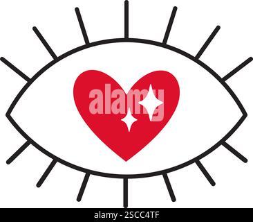 Occhio con il cuore a forma di pupillo stile doodle disegnato a mano stile piatto alla moda amore icona isolata simbolo romantico dell'amore per il web graphic design poster tatuaggio cartolina San Valentino illustrazione vettoriale Illustrazione Vettoriale