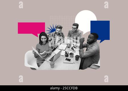 Modello di collage 3D modello grafica di tendenza schizzo di risorse umane recruitment manager colleghi coworking sit table chatting Foto Stock