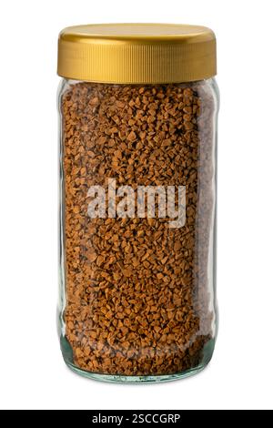 Caffè istantaneo solubile in vaso di vetro con tappo color oro isolato su bianco con percorso di ritaglio incluso Foto Stock