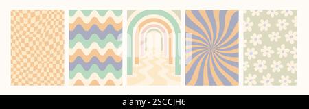 Set di pattern retro. Sfondi psichedelici astratti Groovy in colori retrò. Elegante texture vettoriale intrecciata in stile astratto y2k. Grafica vettoriale Illustrazione Vettoriale