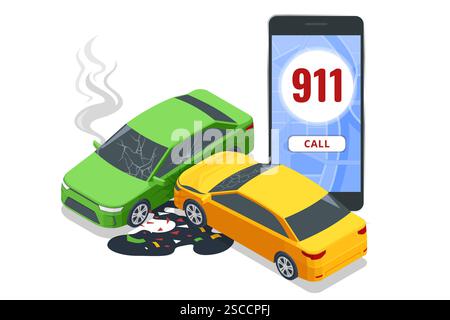 Incidente d'auto. Illustrazione vettoriale isometrica di un incidente stradale con due auto danneggiate. Chiama i servizi di emergenza, con una bolla di 911 discorsi sopra di lui Illustrazione Vettoriale