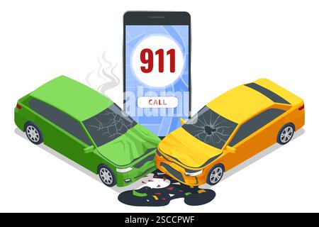 Incidente d'auto. Illustrazione vettoriale isometrica di un incidente stradale con due auto danneggiate. Chiama i servizi di emergenza, con una bolla di 911 discorsi sopra di lui Illustrazione Vettoriale