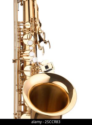 Jazz. Un bellissimo sassofono isolato sul bianco Foto Stock