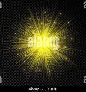 Effetto luminoso dei brillamenti dell'obiettivo. Le luci gialle incandescenti producono effetti esplosivi con scintille su sfondo trasparente. Illustrazione vettoriale Illustrazione Vettoriale