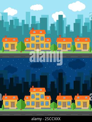 Città vettoriale con case ed edifici a fumetti di giorno e di notte. Spazio urbano con stile strada su fondo piatto. Paesaggio urbano estivo. Str Illustrazione Vettoriale