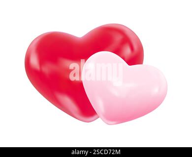Realistici cuori di San Valentino in 3d rosa e rosso. Un paio di cuori rossi e rosa lucidi che rappresentano l'amore e il romanticismo. Illustrazione vettoriale per san valentino Illustrazione Vettoriale