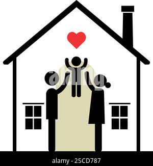 Buon vettore di casa. Mamma e papa' con un bambino. Cartelli e simboli immobiliari. Illustrazione Vettoriale