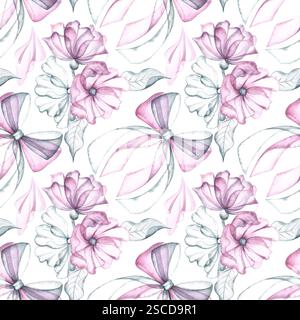 Motivo senza cuciture con delicati fiori e fiocchi rosa e bianchi. Illustrazione ad acquerello fatta a mano. Su sfondo bianco. Ideale per tessuti e carta da parati Foto Stock