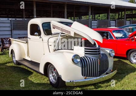 Un pick-up Chevrolet bianco degli anni '1940 in mostra in una mostra di auto presso la zona fieristica della contea di Allen vicino a Fort Wayne, Indiana, Stati Uniti. Foto Stock