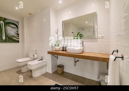 un'immagine di un bagno per gli ospiti recentemente rinnovato in un lussuoso complesso immobiliare di appartamenti mediterranei Foto Stock
