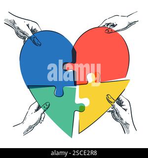 Mani umane che uniscono forma a cuore puzzle colorato. Illustrazione dello schizzo disegnato a mano vettoriale. Persone che collegano pezzi di seghetto alternativo. Supporto, assistenza sociale, dona Illustrazione Vettoriale