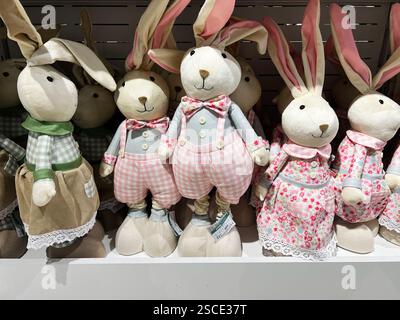 Kiev, Ucraina - 5 febbraio 2025: Un'affascinante collezione di peluche coniglietti con costumi e decorazioni dettagliati. Foto Stock