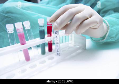 Una mano che colloca una provetta etichettata con coronavirus in un rack con altre provette colorate in un ambiente di laboratorio Foto Stock