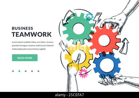 Mani che tengono e collegano gli ingranaggi colorati del meccanismo. Illustrazione dello schizzo disegnato a mano vettoriale. Soluzioni di lavoro di squadra e cooperazione per gli obiettivi aziendali. C Illustrazione Vettoriale