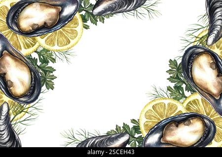 Cornice angolare con cozze, limone ed erbe aromatiche. Illustrazione ad acquerello fatta a mano. Immagine a colori di un modello di pesce. Su sfondo bianco. Per i menu, i Foto Stock