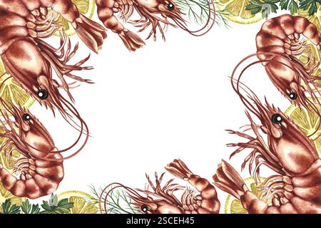 Una cornice con un'immagine di gamberi e limoni. Illustrazione ad acquerello disegnata a mano. Un modello a colori che presenta pesce e verdure. Su un dorso bianco Foto Stock