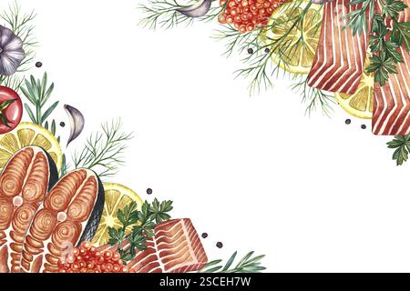 Una cornice con un'immagine di pesce rosso a fette con verdure. Illustrazione ad acquerello disegnata a mano. Immagine a colori di un modello di pesce. Su uno sfondo bianco Foto Stock
