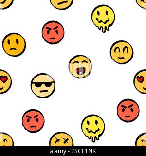 smiley affronta un motivo senza cuciture con emoji o emoticon. arrabbiato e triste elementi gialli rotondi incisioni disegnate a mano. Illustrazione Vettoriale