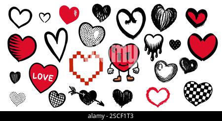 Set di cuore disegnato a mano. collezione segnacavi cuori isolati su sfondo bianco. Illustrazione vettoriale per la stampa, la prenotazione degli scarti, la progettazione grafica Illustrazione Vettoriale