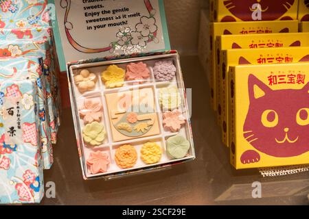 Kyoto, Giappone - dicembre 27 2024: Delicati dolci mostrano l'arte e i sapori tradizionali di Kyoto in una colorata esposizione Foto Stock